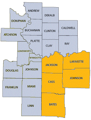 Jackson, Lafayette, Cass, Johnson and Bates Counties in Missouri